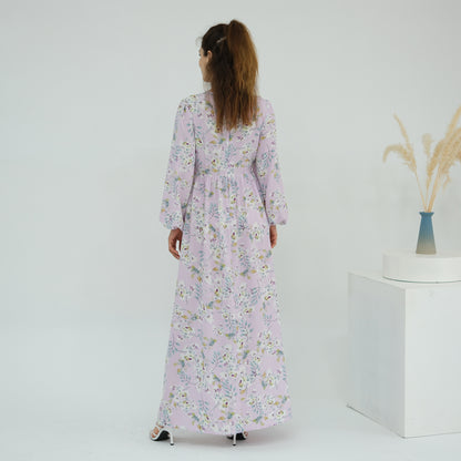 Floral Print Maxi Dress with Waist Tie Modest Long Sleeve