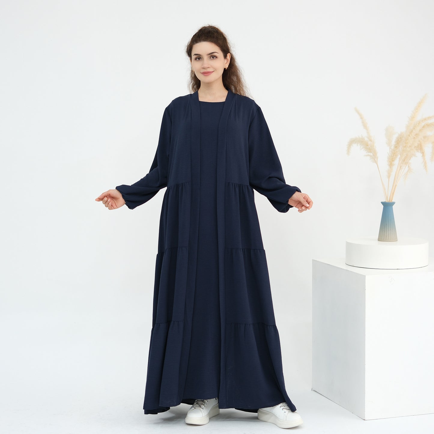 Solid Color Hijab-Friendly Modest Layered Two-Piece Set