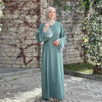 Lace Trim Maxi Dress with Waist Belt Modest Abaya Style