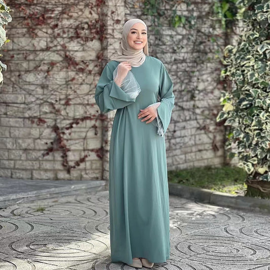 Lace Trim Maxi Dress with Waist Belt Modest Abaya Style