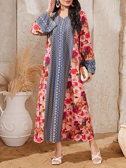 Women's Printed Color-block Flared Sleeve Dress