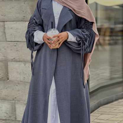 Elegant Blazer-Collar Abaya Cardigan with Ruched Sleeves