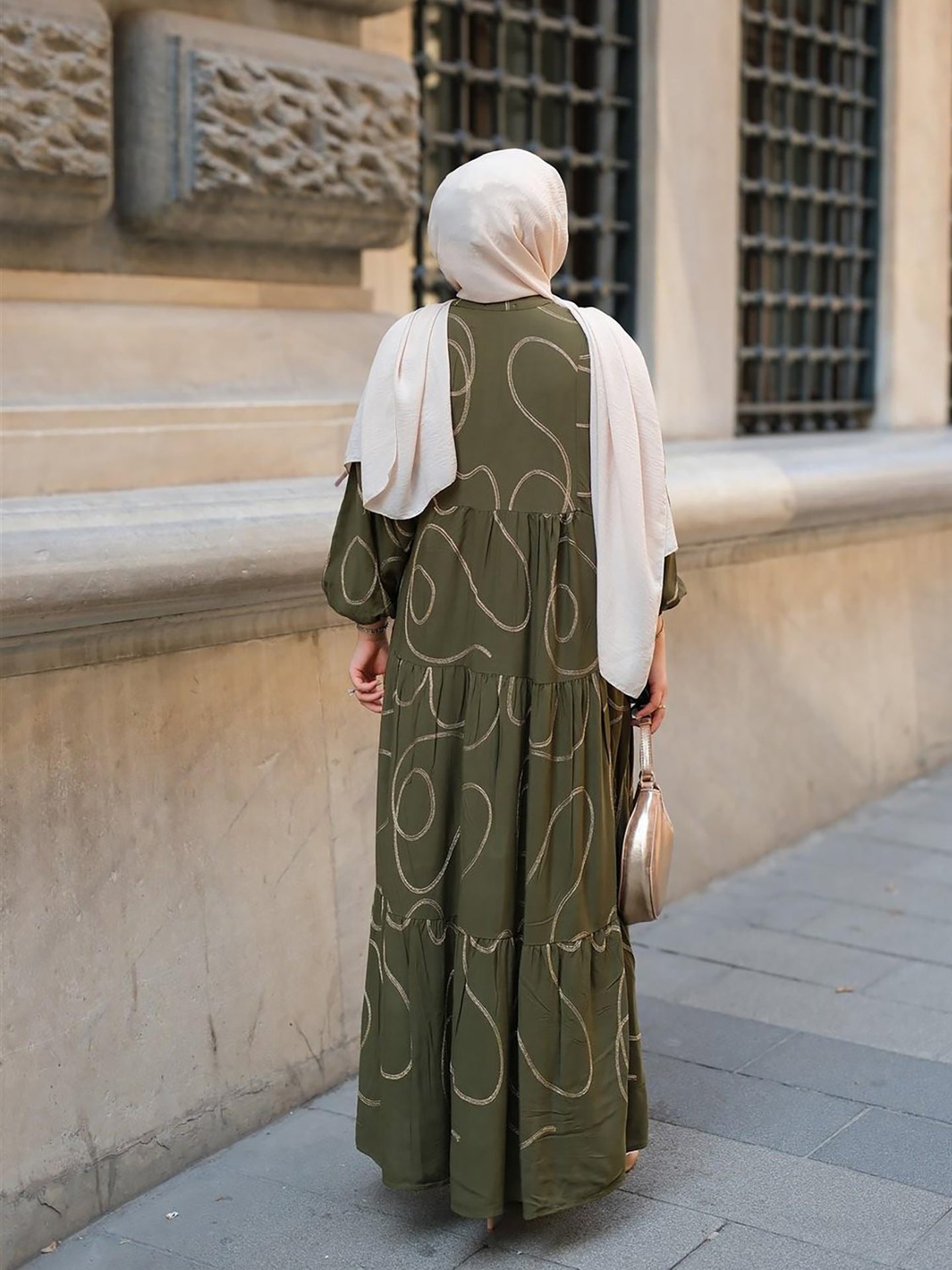 Printed Satin-Feel Loose Fit V-Neck Modest Maxi Dress