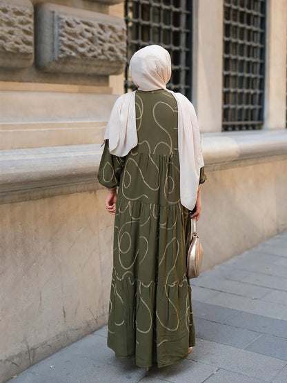 Printed Satin-Feel Loose Fit V-Neck Modest Maxi Dress