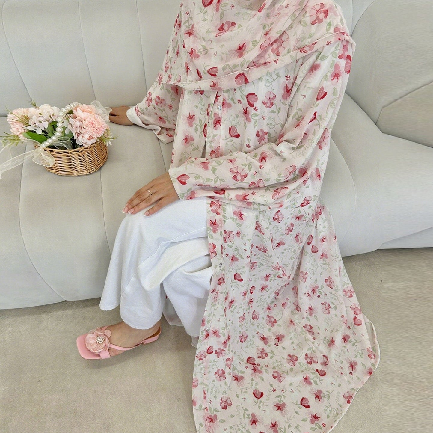 Printed Hijab Set with Double Layer Chiffon Open Cardigan