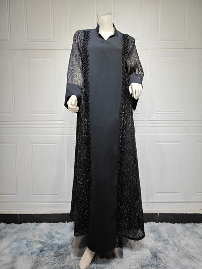 Colorblock Mesh Embroidered Beaded Muslim Dress