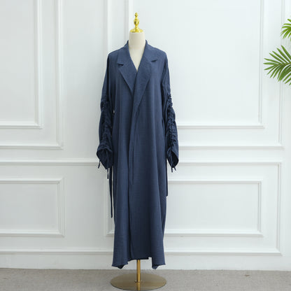 Elegant Blazer-Collar Abaya Cardigan with Ruched Sleeves