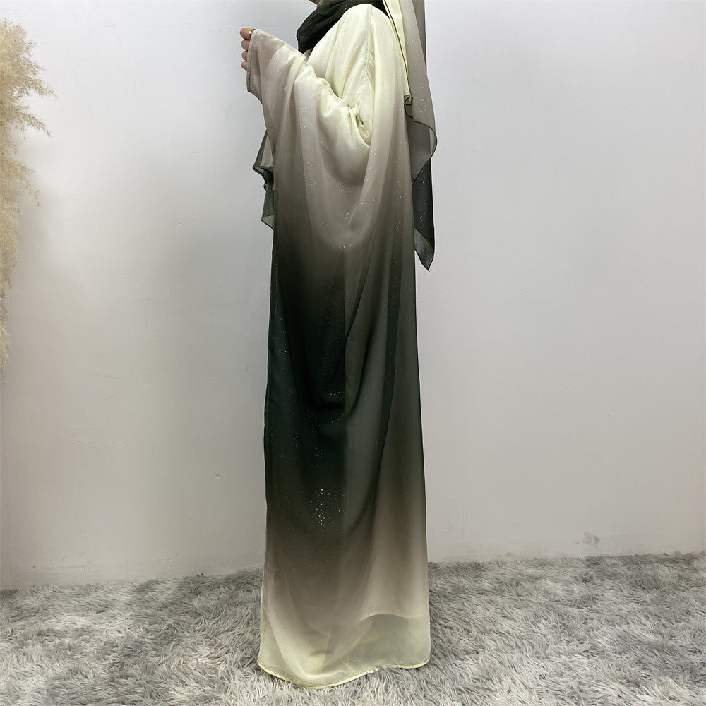 Muslim Chiffon Cardigan Gradient Bat Sleeve Set with Hijab