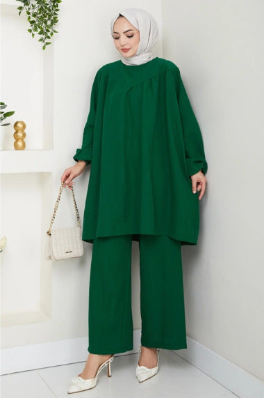 Loose Fit Two Piece Modest Set with Wide Leg Pants