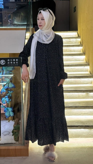 Polka Dot Ruffle Hem Maxi Dress with Puff Sleeves and Pockets