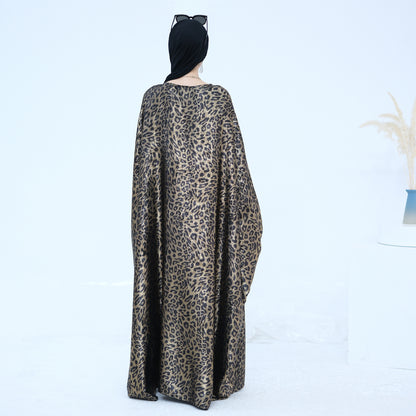 Leopard Print Arab Modest Batwing Sleeve Kaftan Dress