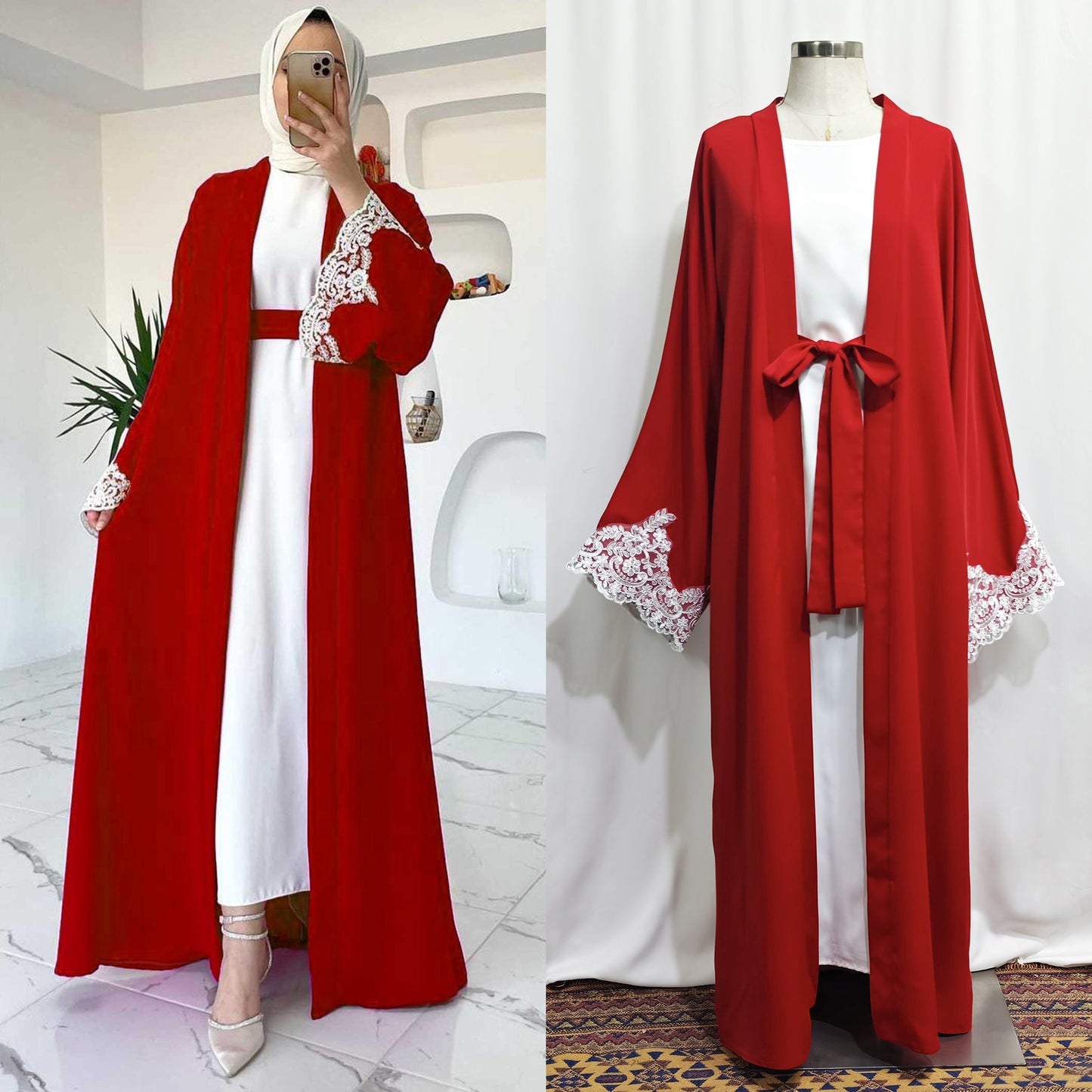 Lace Applique Abaya Cardigan and Slip Dress Two-Piece Set