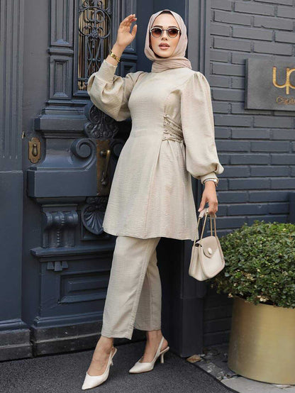 Women's Lace-up Balloon Sleeve Casual Suit