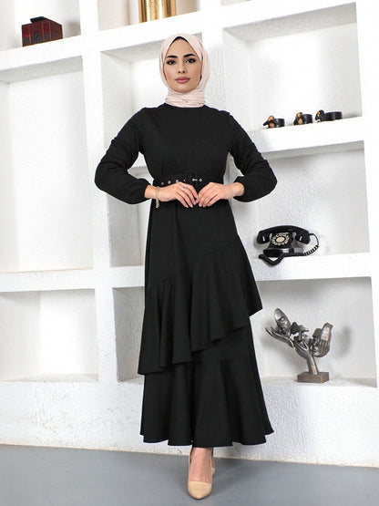 Elegant Ruffle Hem Knit Maxi Dress with Belt Modest Style