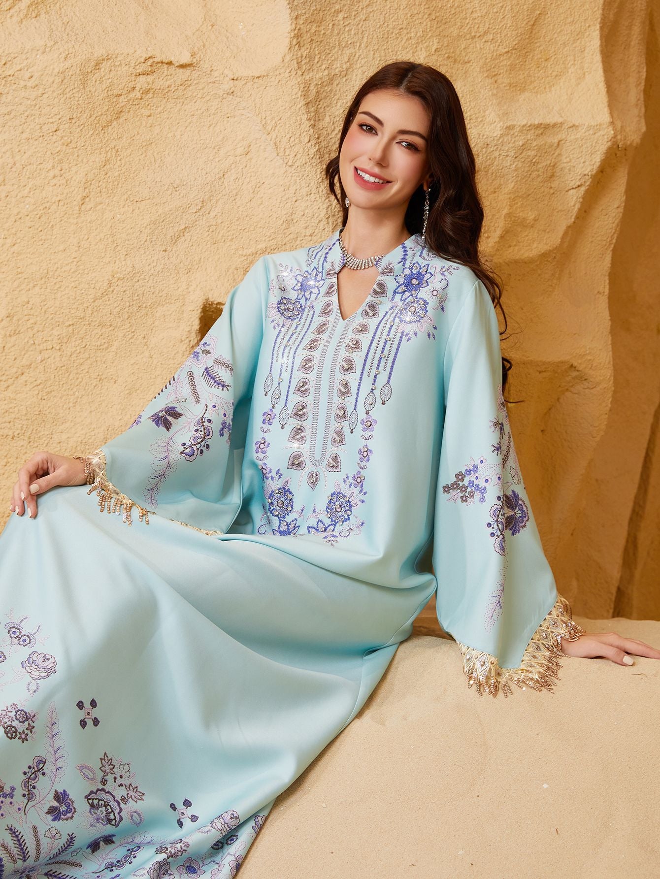 Fringe-Sleeve Embroidered Muslim Kaftan Dress
