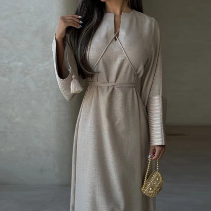 Modest V-neck Embroidery Elegant Abaya Dress