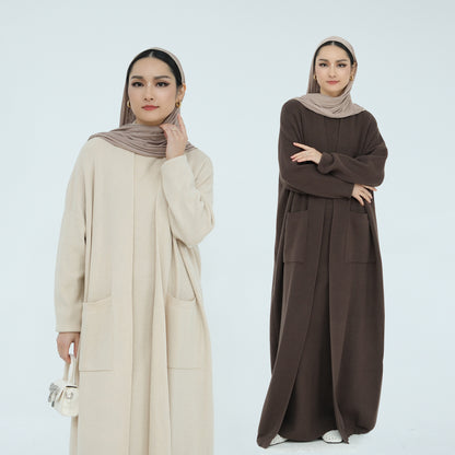 Thick Knit Two-Piece Abaya Set with Cardigan and Inner Dress