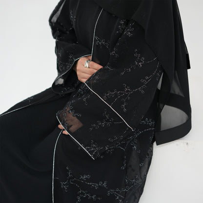 Full Embroidered Open Abaya with Inner Dress Elegant Modest Style