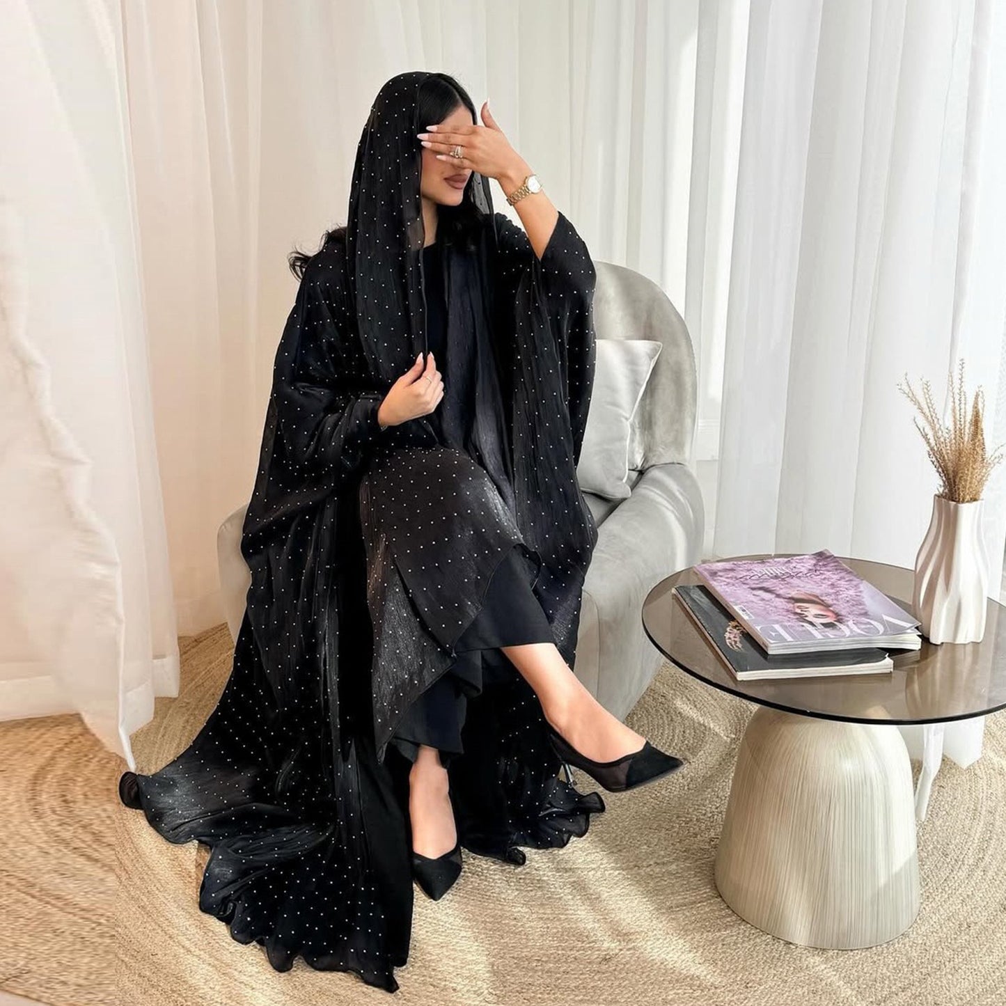 Elegant Wrinkle Chiffon Rhinestone Abaya with Scarf Dubai Middle East