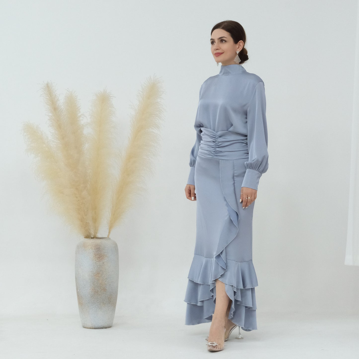 Plain High-neck Pleated Slim Ruffle Tops and Dress Matching Sets