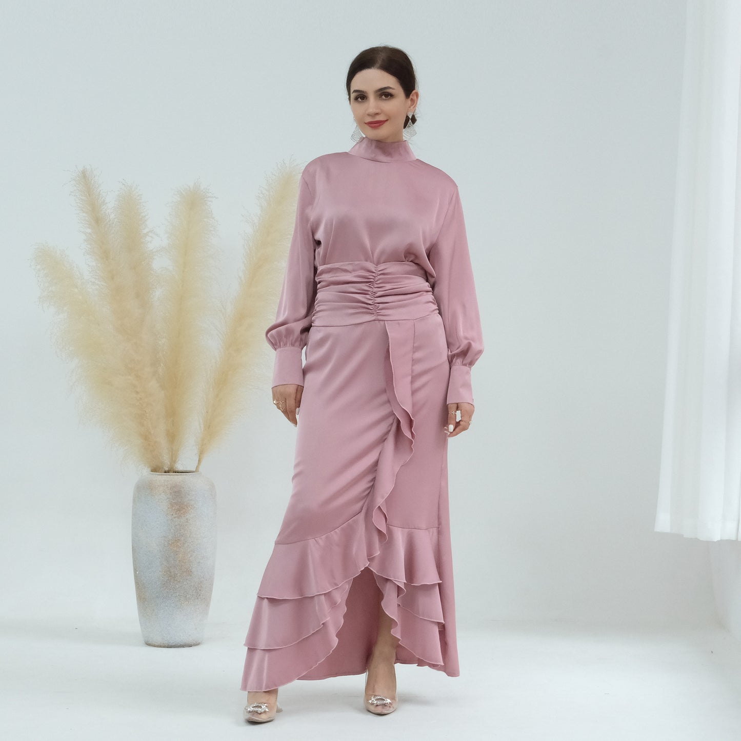 Plain High-neck Pleated Slim Ruffle Tops and Dress Matching Sets