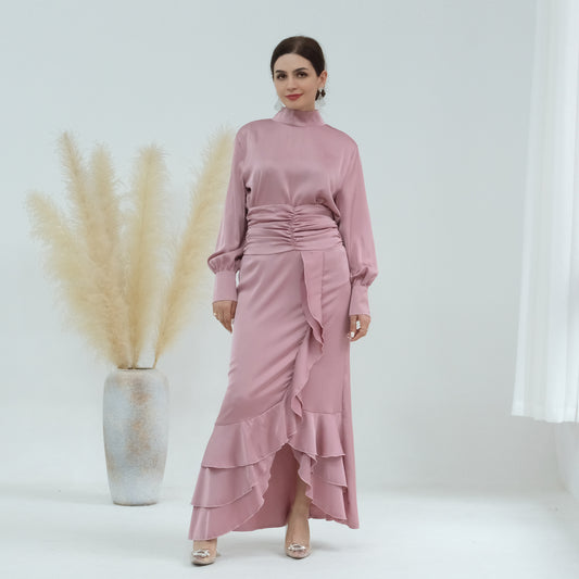 Plain High-neck Pleated Slim Ruffle Tops and Dress Matching Sets