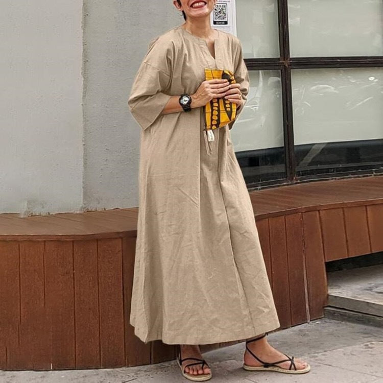Solid Color Loose Casual Cotton and Linen Dress