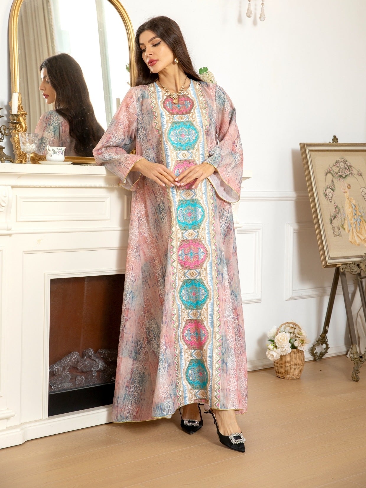 Women's Printed Beaded Embroidered Pullover Dress
