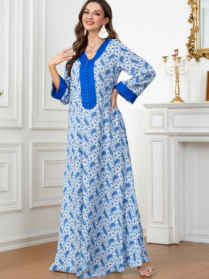 V-neck Panels Stud-buttoned Casual Abaya Dress