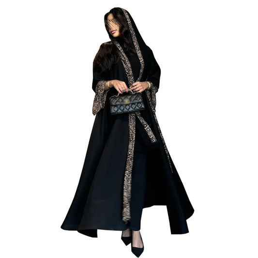 Women's Patchwork Leopard RobeTwo-piece Set with Hijab