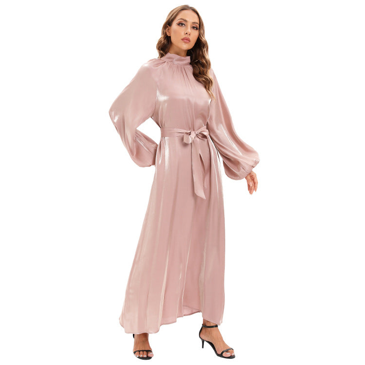 Satin Long Sleeve Maxi Dress with Bow Belt and Lantern Sleeves