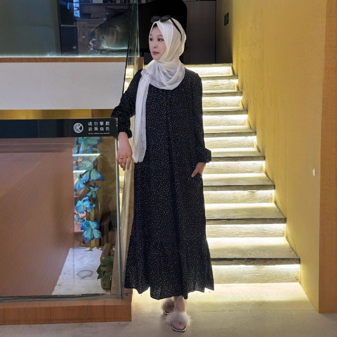 Polka Dot Ruffle Hem Maxi Dress with Puff Sleeves and Pockets