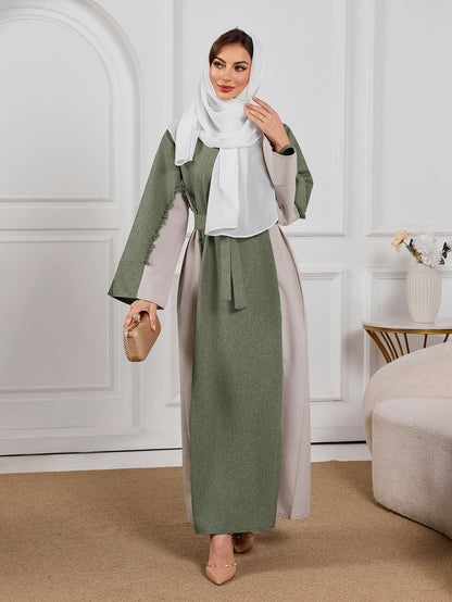 2025 Grey Muslim Maxi Dress: Stylish & Elegant Long Robe with Linen-Like Patchwork Design