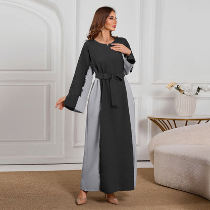 2025 Grey Muslim Maxi Dress: Stylish & Elegant Long Robe with Linen-Like Patchwork Design
