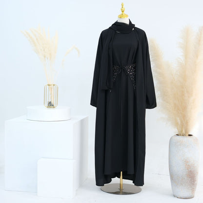 Solid Color Dress Set with Inner Maxi and Outer Abaya