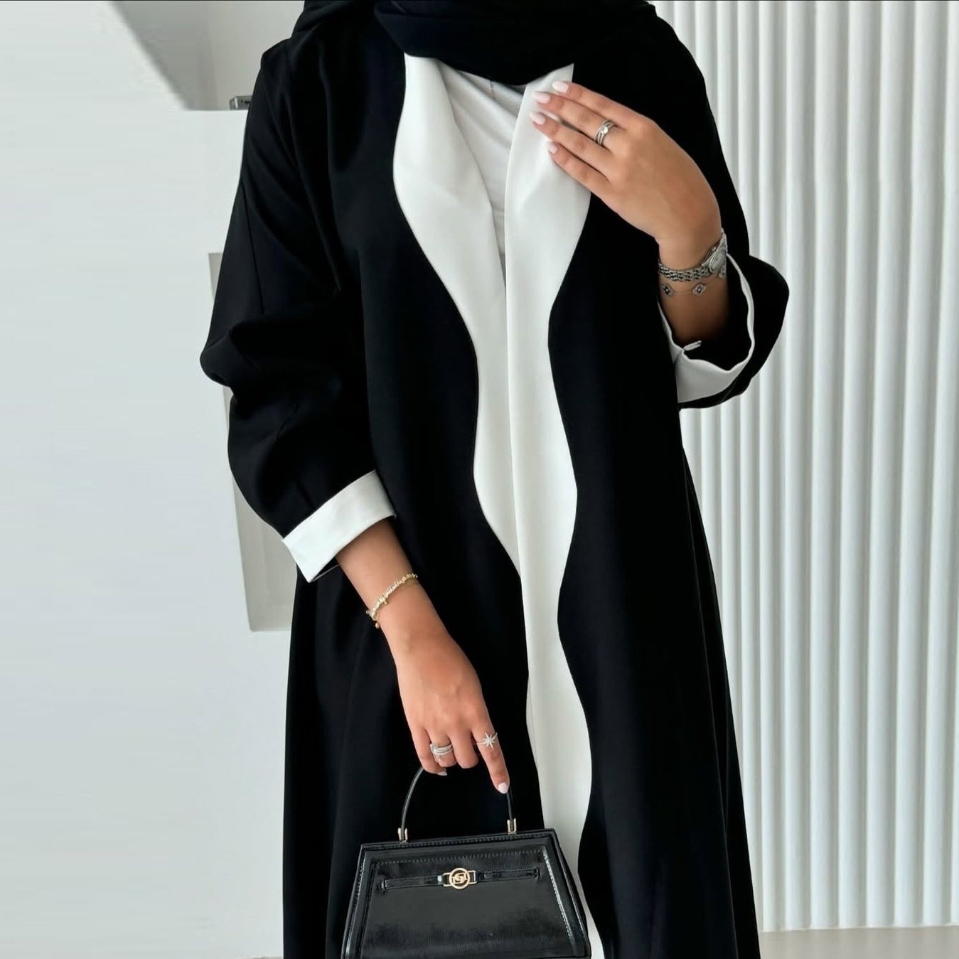Black and White Contrast Abaya Open Front Long Robe for Women