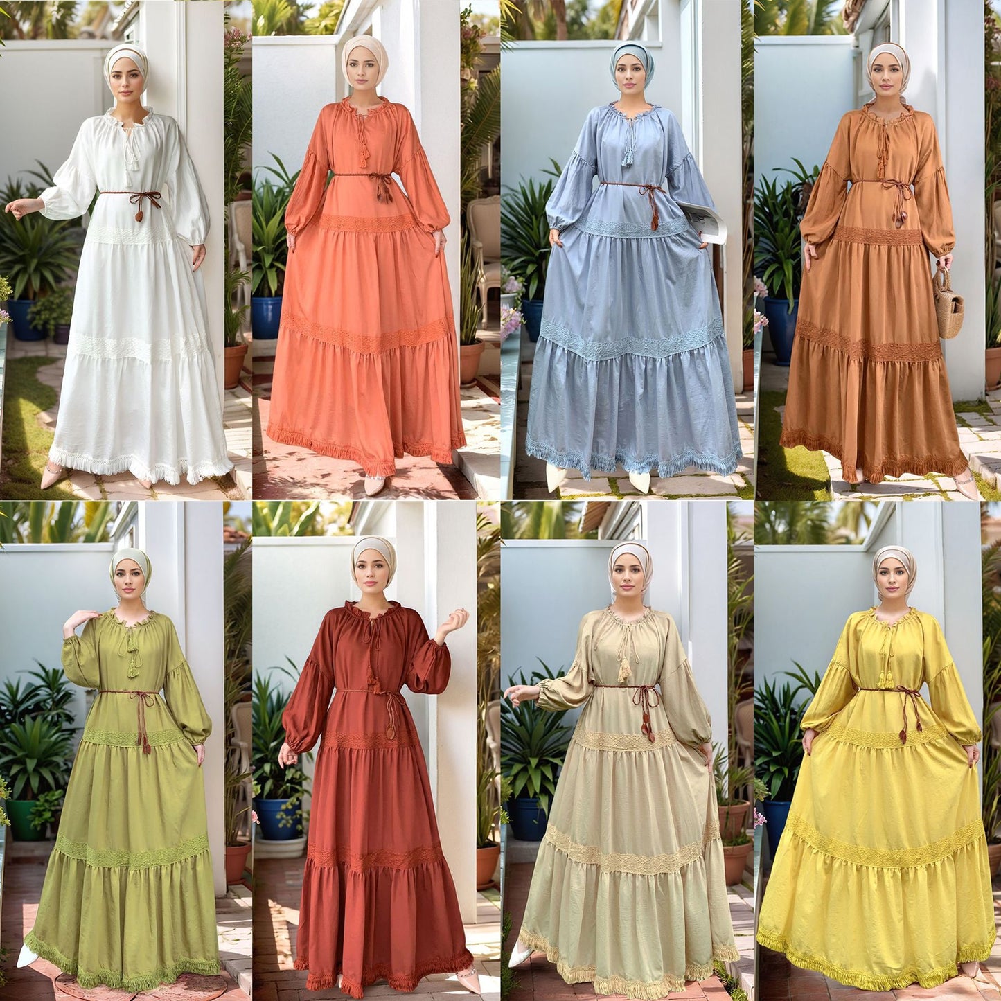 Lace Patchwork Maxi Dress with Tassel Belt and Ruffle Hem