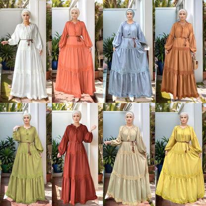 Lace Patchwork Maxi Dress with Tassel Belt and Ruffle Hem