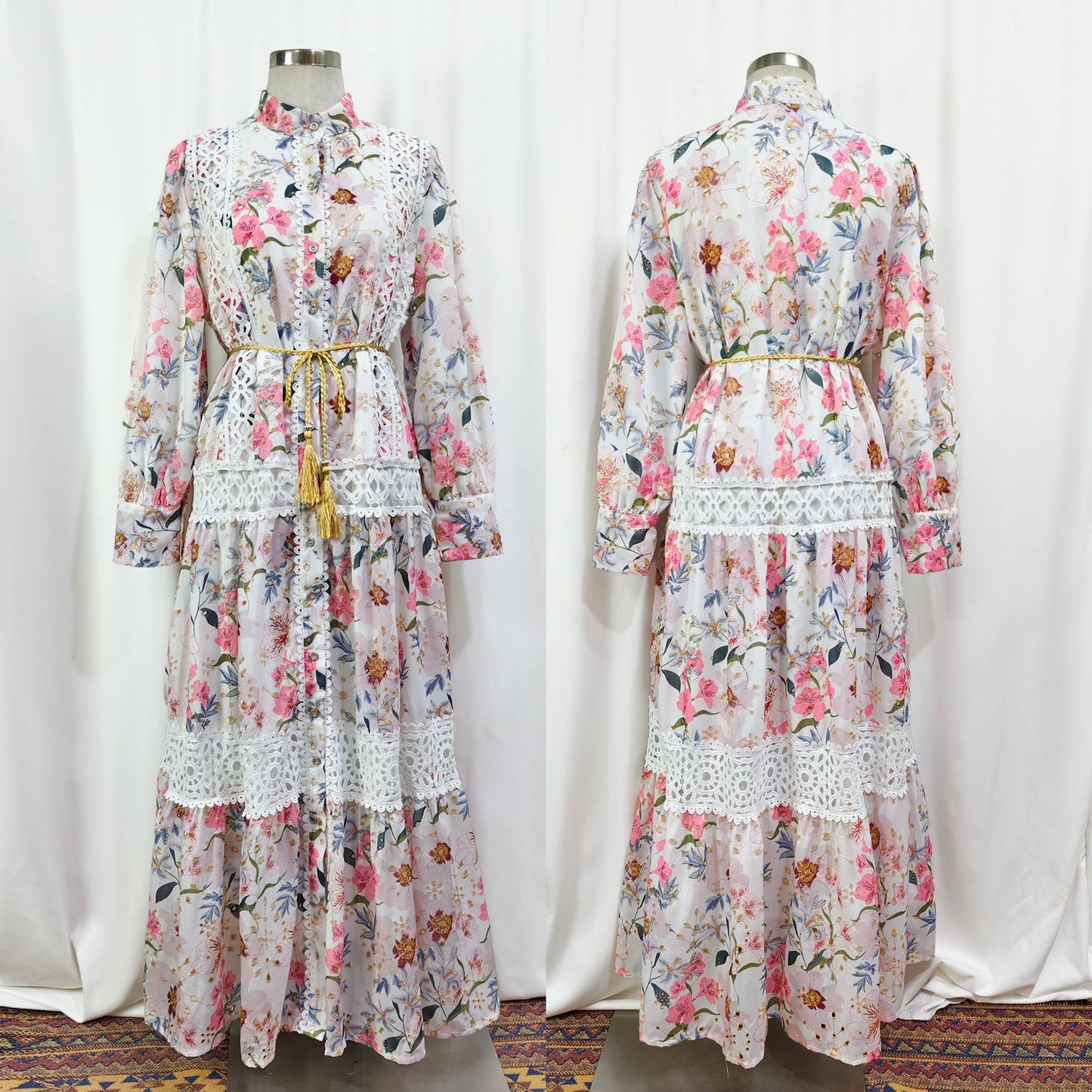 Embroidered Floral Modest Muslim Lantern Sleeve Maxi Dress