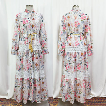 Embroidered Floral Modest Muslim Lantern Sleeve Maxi Dress