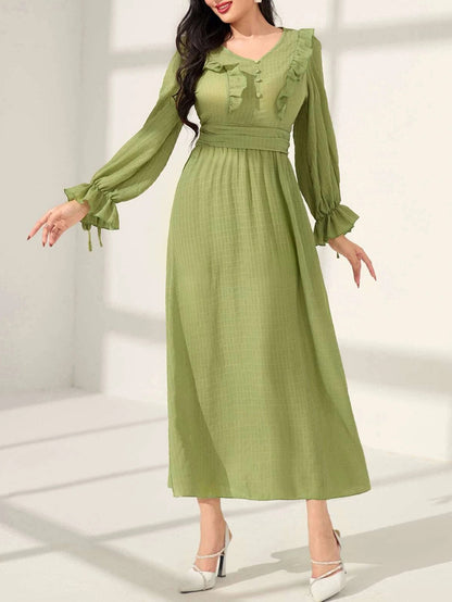 Women's V-neck Trim Waist Green Dress
