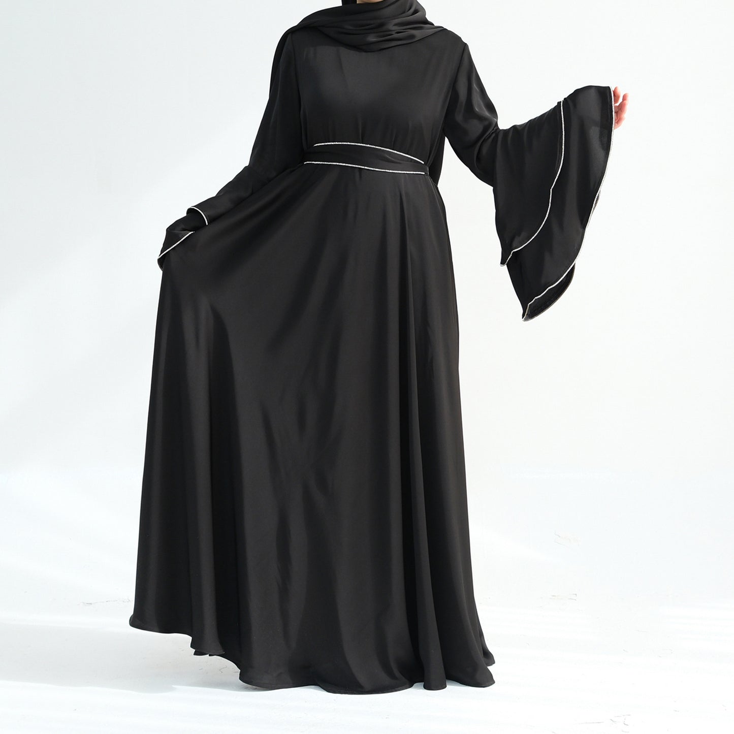 Beaded Nida Double-Layer Flare Sleeve Luxury Modest Maxi Dress