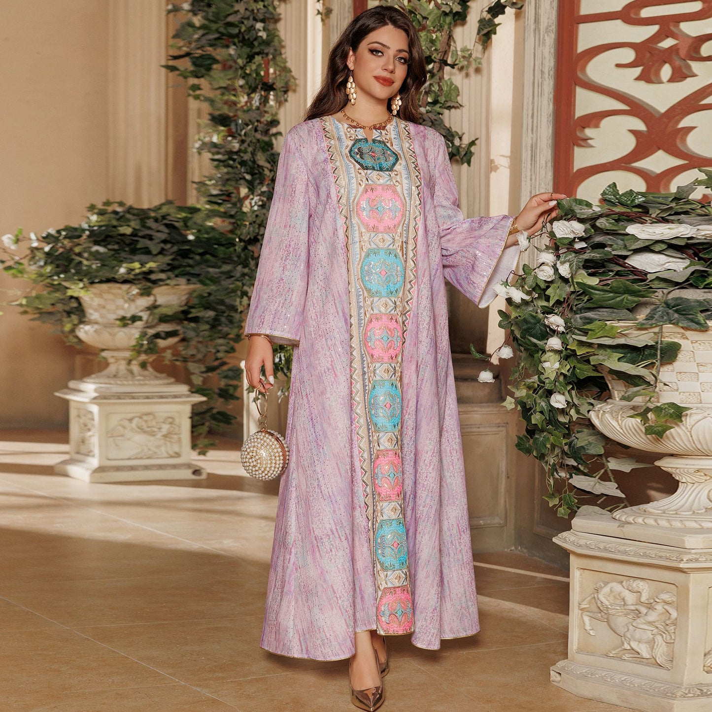 Women's Printed Beaded Embroidered Pullover Dress
