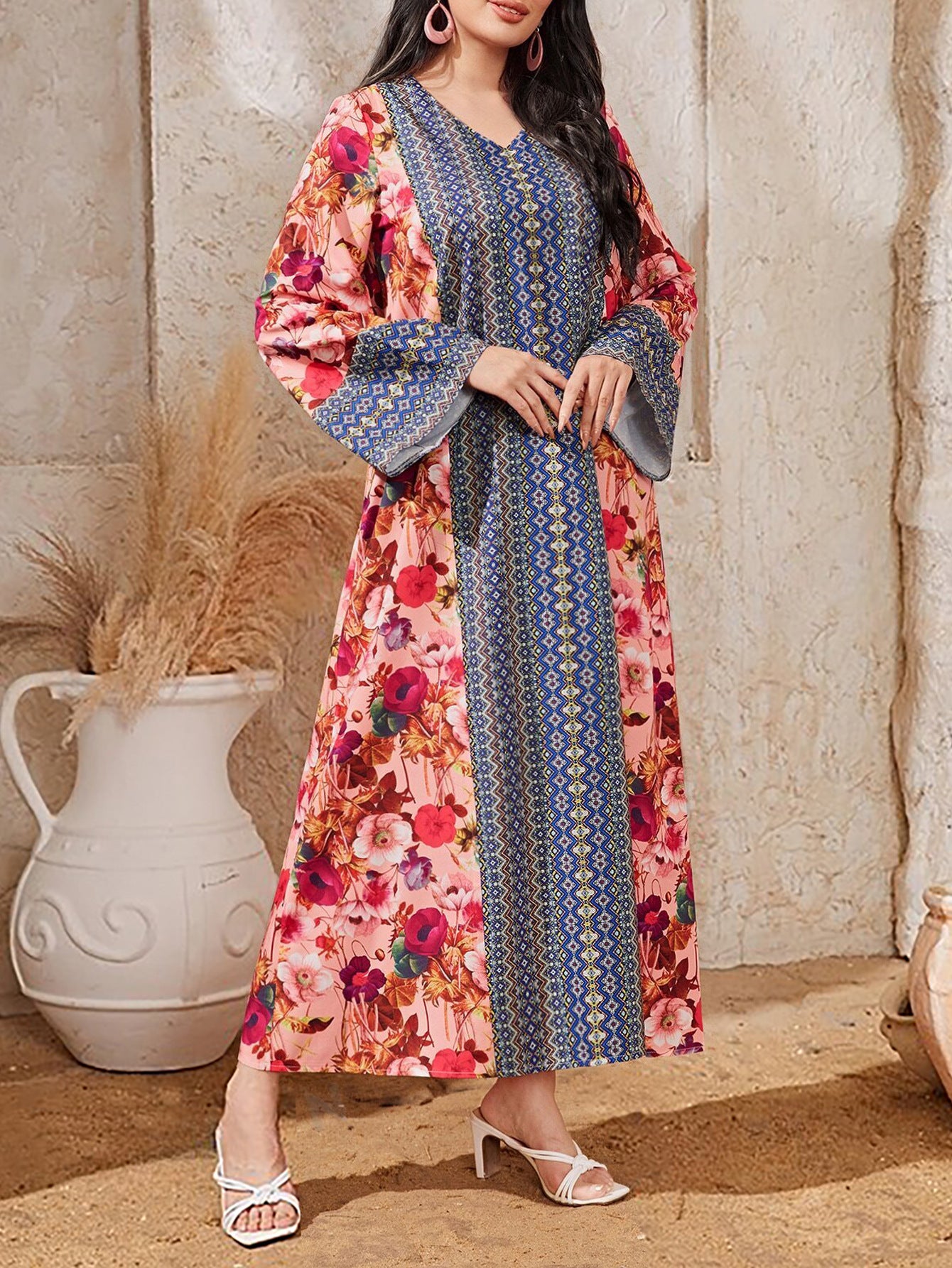 Women's Printed Color-block Flared Sleeve Dress