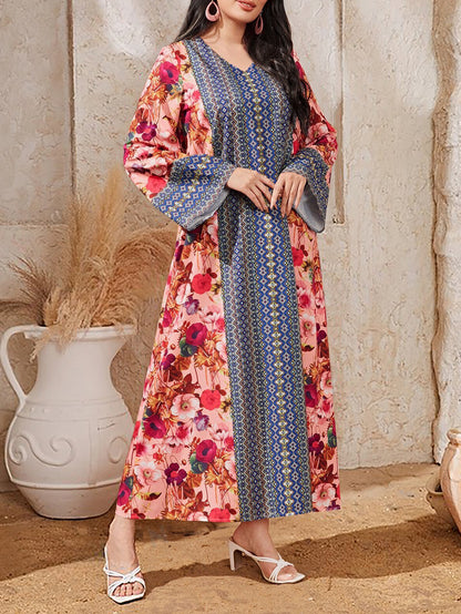 Women's Printed Color-block Flared Sleeve Dress