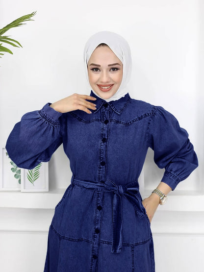 Denim Patchwork Lantern Sleeve Modest Midi Dress
