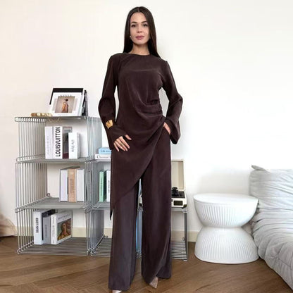 Elegant Two Piece Modest Outfit Long Top and Wide Leg Pants