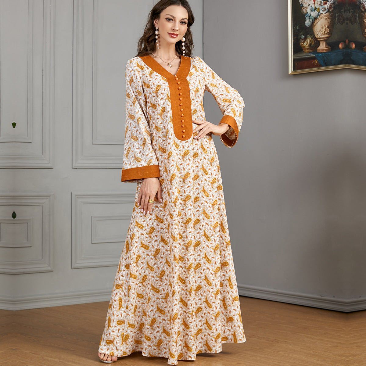 V-neck Panels Stud-buttoned Casual Abaya Dress