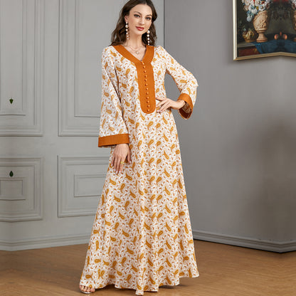 V-neck Panels Stud-buttoned Casual Abaya Dress