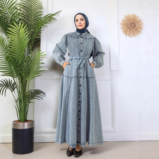 Denim Patchwork Lantern Sleeve Modest Midi Dress